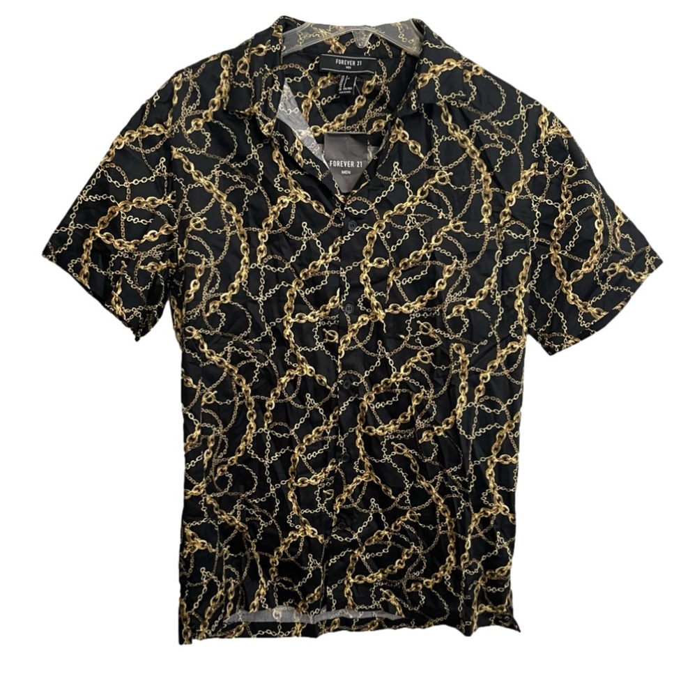 Men’s Forever21 Black & Gold Chain Print Button Down Shirt Size Small!